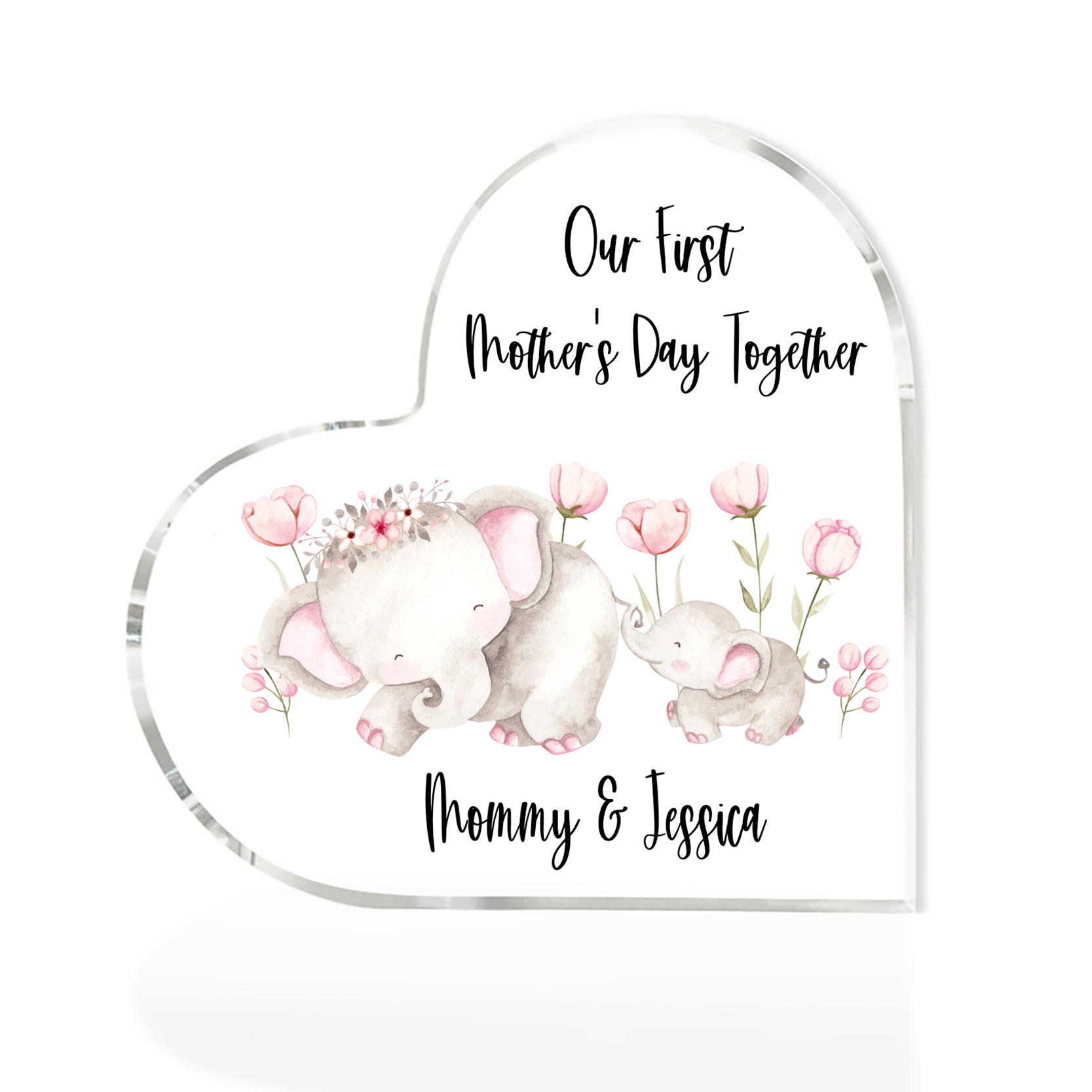 Our First Mother's Day Together - Personalised Text Acrylic Heart Keepsake Cute Elephants Ornaments-Jessemade AU