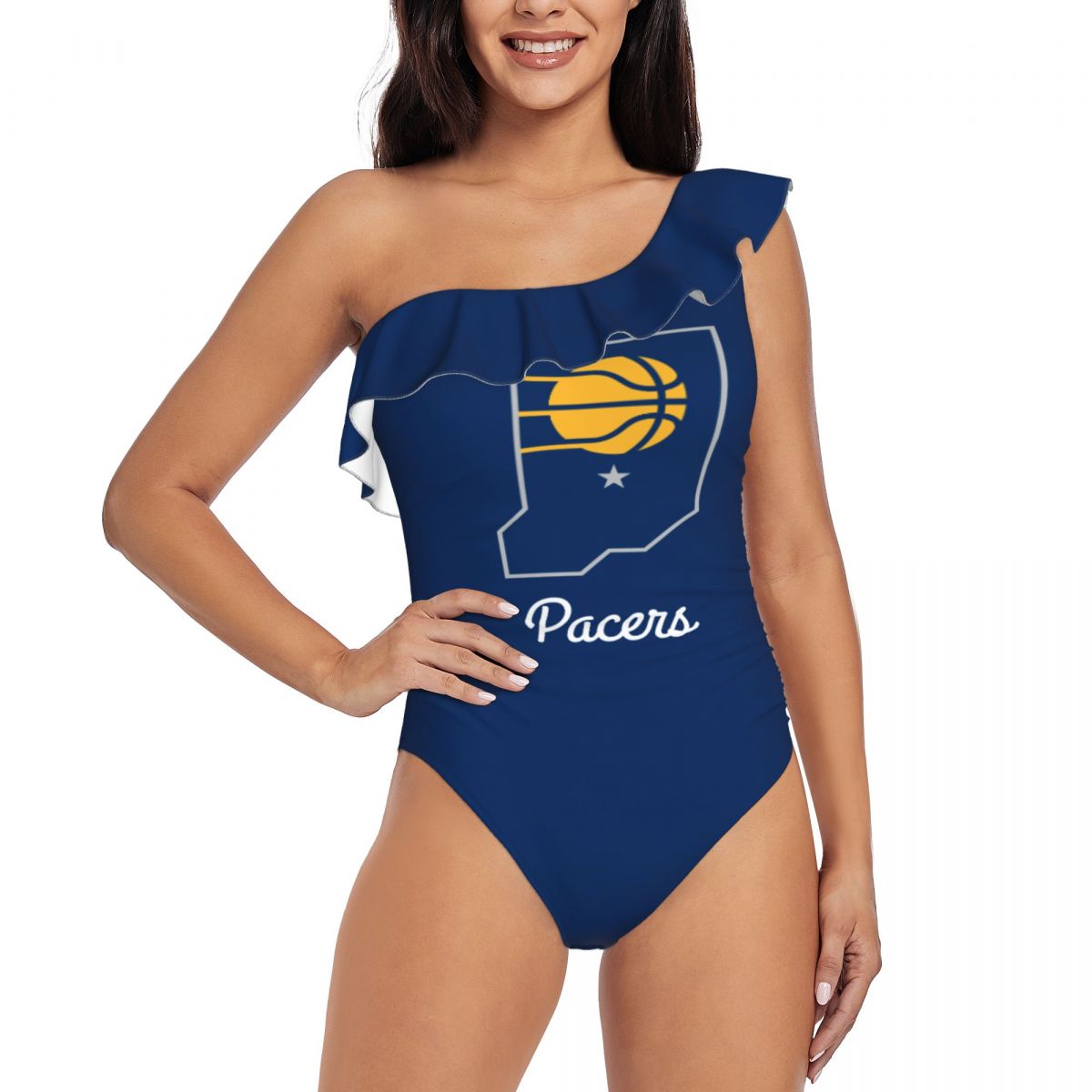 Indiana Pacers One Shoulder Ruffle Printed Swimsuit