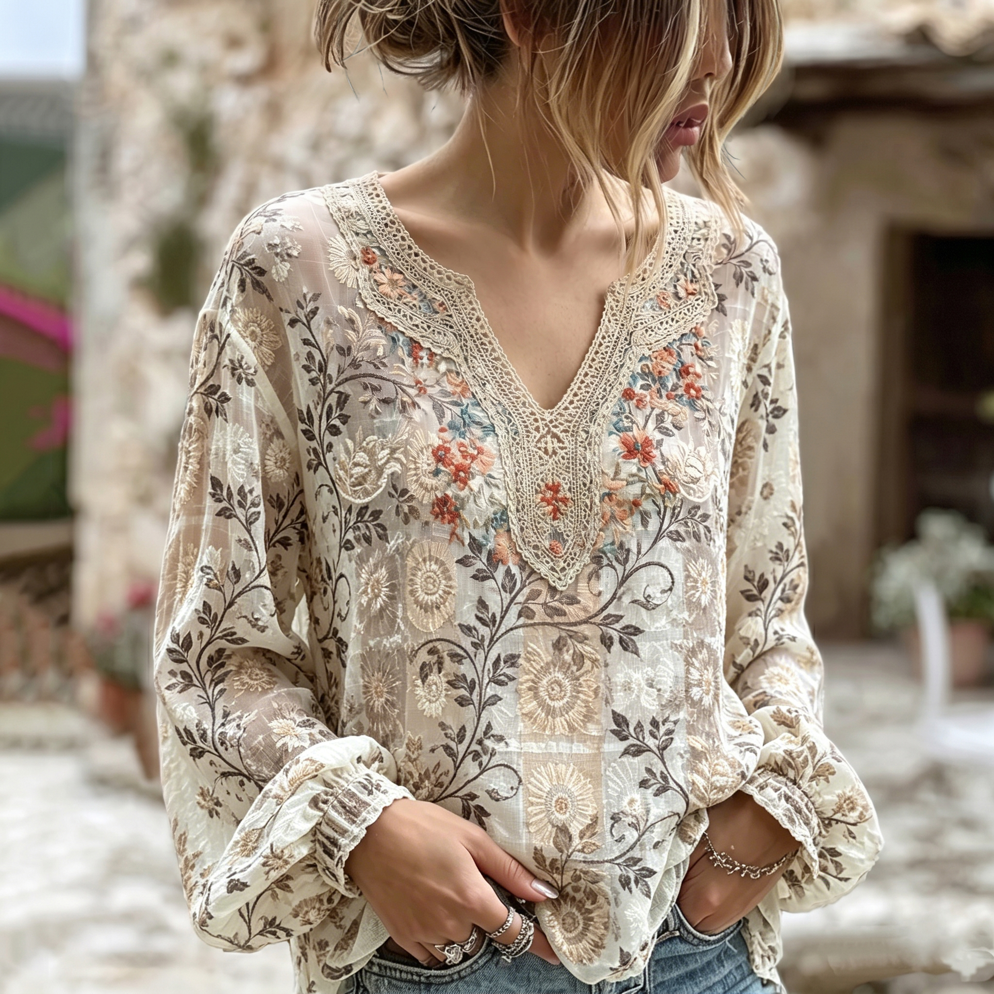Comstylish Women's Retro Floral Pattern Casual V-neck Shirt