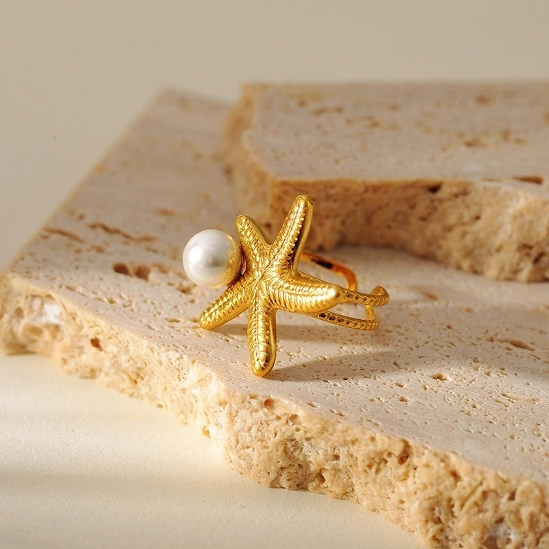 Beach Round Starfish 304 Stainless Steel Pearl 18K Gold Plated Plating Inlay Open Rings