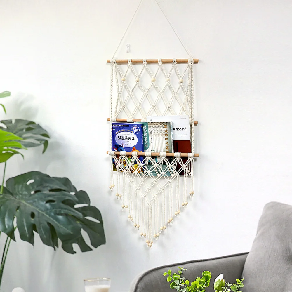 Nigikala Nigikala Bohemian Wind Hand-Woven Tapestry Wall Storage Net Pocket Three Layers Of Cotton Rope Tassel Installed
