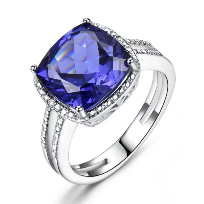 Vintage Cut Natural Tanzanite Ring In Sterling Silver