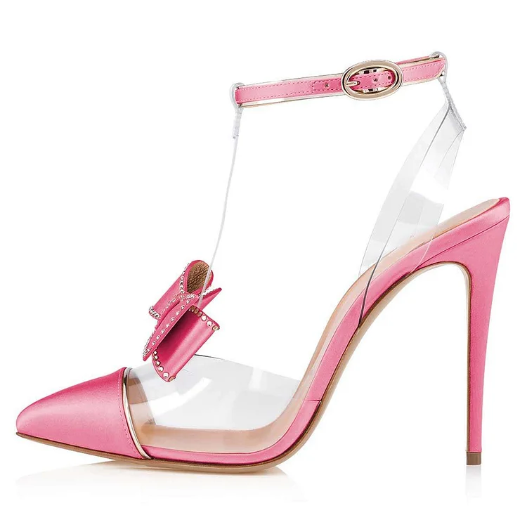 Pink PVC Bow T-Strap Stiletto Heel Pumps Vdcoo