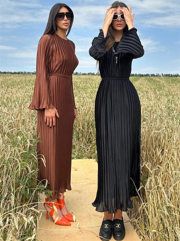 Ootddress Ruffled Lace-Up Ribbed Maxi Dress For Women Long Sleeve Fashion High Waist Elegant Party Dress Autumn Bandage Ladies Dress