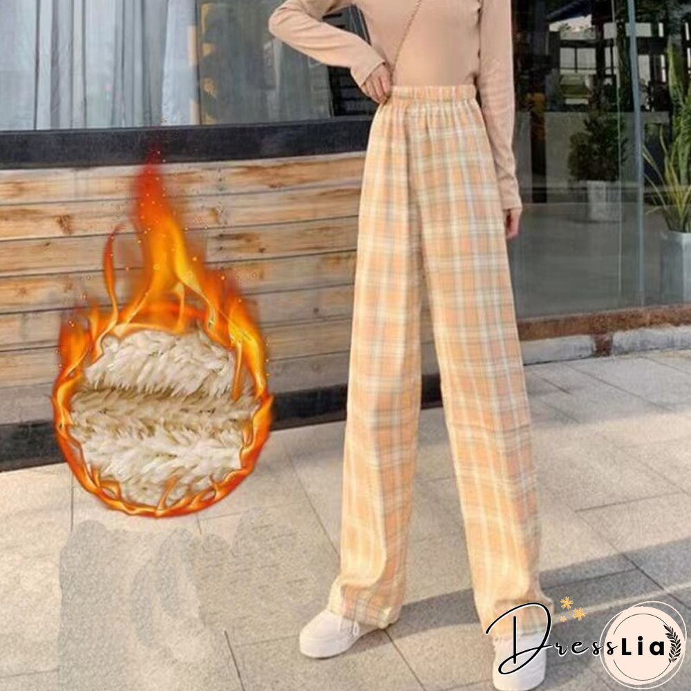 Fashion Spring Winter Warm Plush Plaid Pants Women Casual Loose Wide Leg Trousers Korean Streetwear Straight Student Pants New