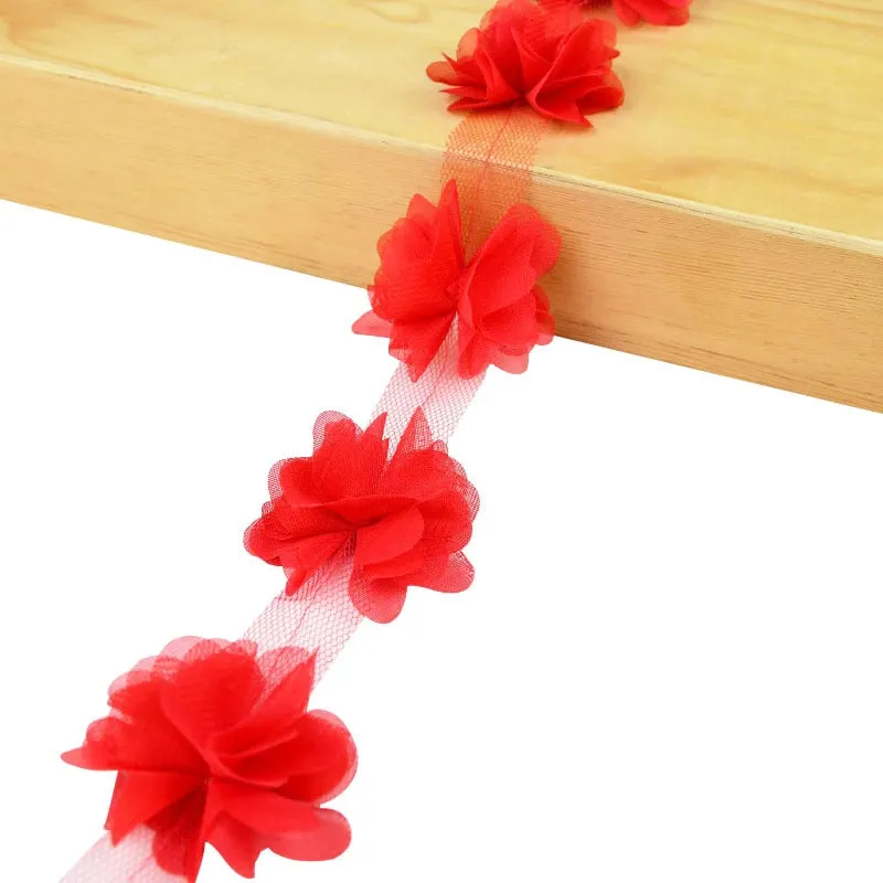 2Yards 24Pcs Flowers 3D Chiffon Cluster Flowers Lace Dress Decoration Lace Fabric Applique Trimming DIY Crafts Sewing Supplies