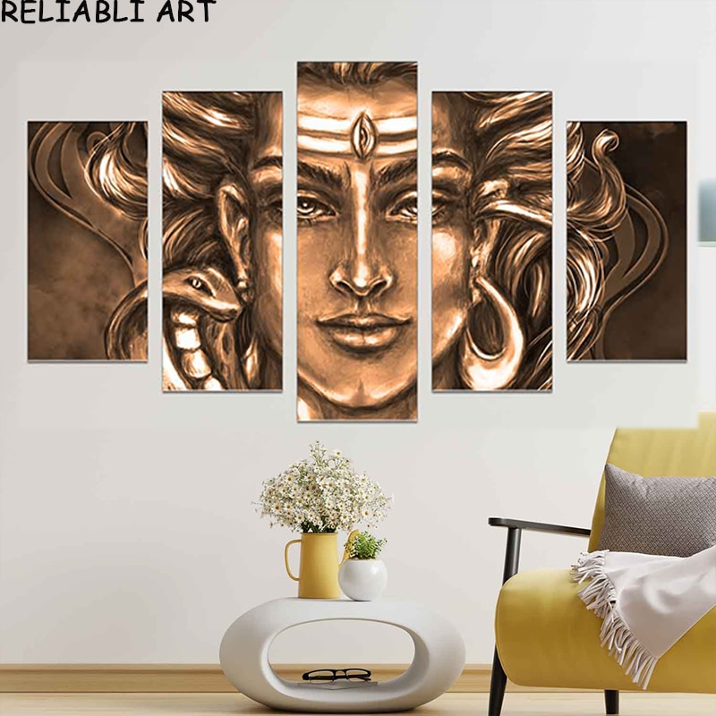 India Shiva Buddha Poster and Print 5 Panels Abstract God Canvas Painting Wall Art Picture For Living Home Room Decor No Frame