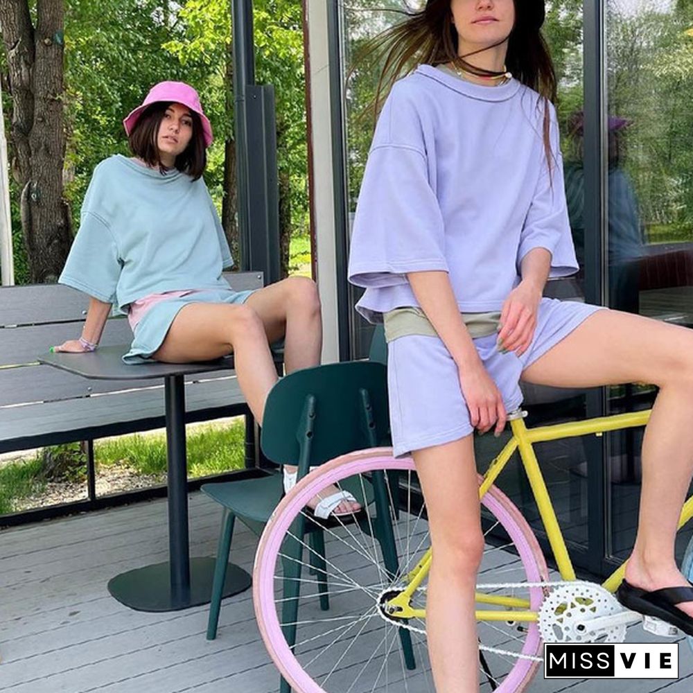 Summer Cotton Sets Women Casual Two Pieces T Shirts and Elastic Waist Shorts Pants Loose Soft Tracksuit