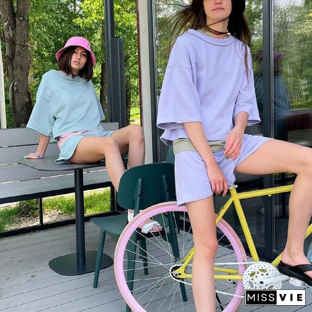 Summer Cotton Sets Women Casual Two Pieces T Shirts and Elastic Waist Shorts Pants Loose Soft Tracksuit