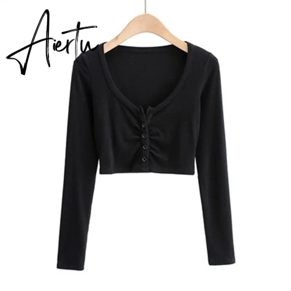 Slim V-neck Long Sleeve Bottomed Womens Tops And Blouses High Street Solid Color Open Navel Cardigan Aiertu