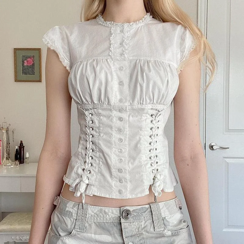Brownm Cap Sleeve Lace Up Top
