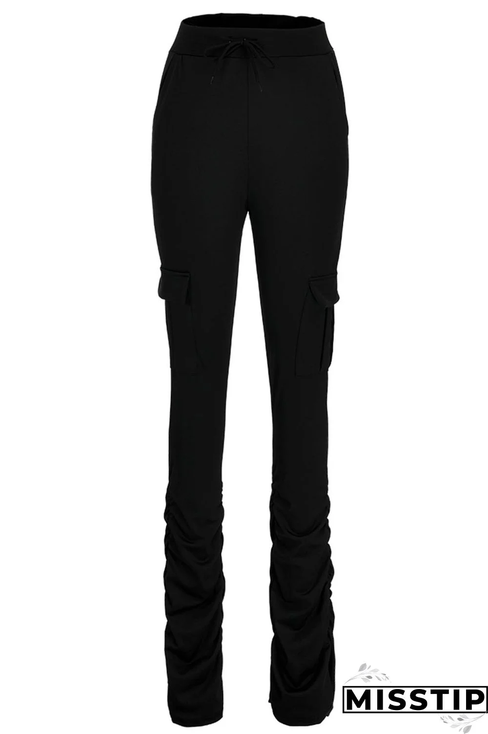 Fluorescent green Drawstring High Solid Pocket Draped Boot Cut Pants Bottoms