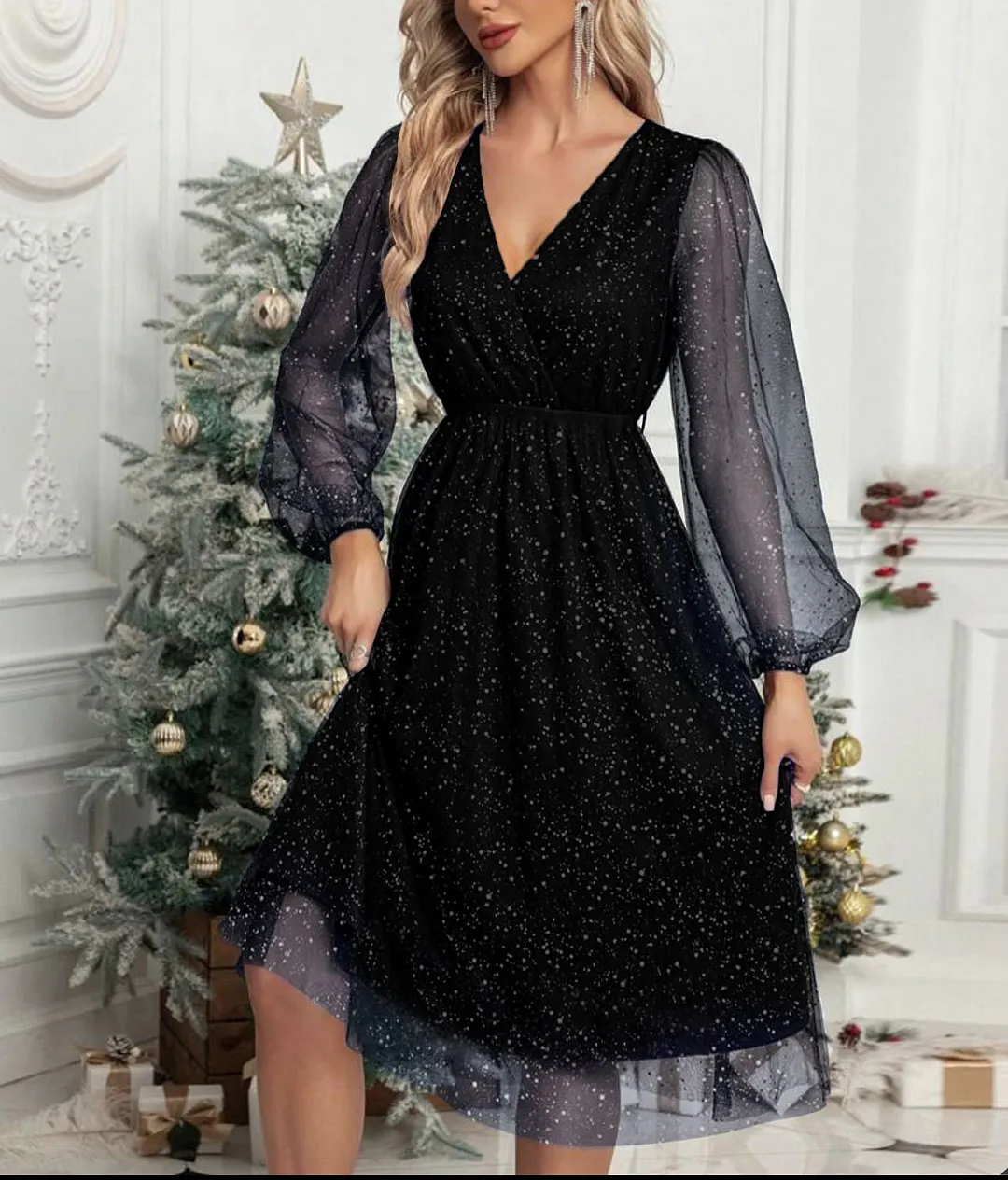 Churchf Churchf New V-Collar Elegant Slim Solid Color Stitching Mesh Perspective Sprinkling Powder Dress Female
