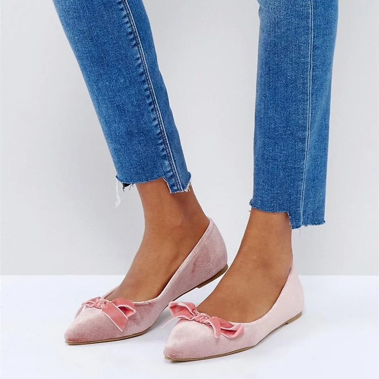 Women's Pink Pointy Toe Comfortable Flats With Bow |FSJ Shoes