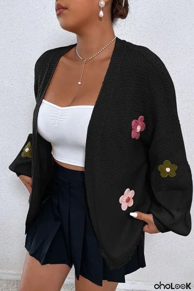 Flower Open Front Dropped Shoulder Cardigan