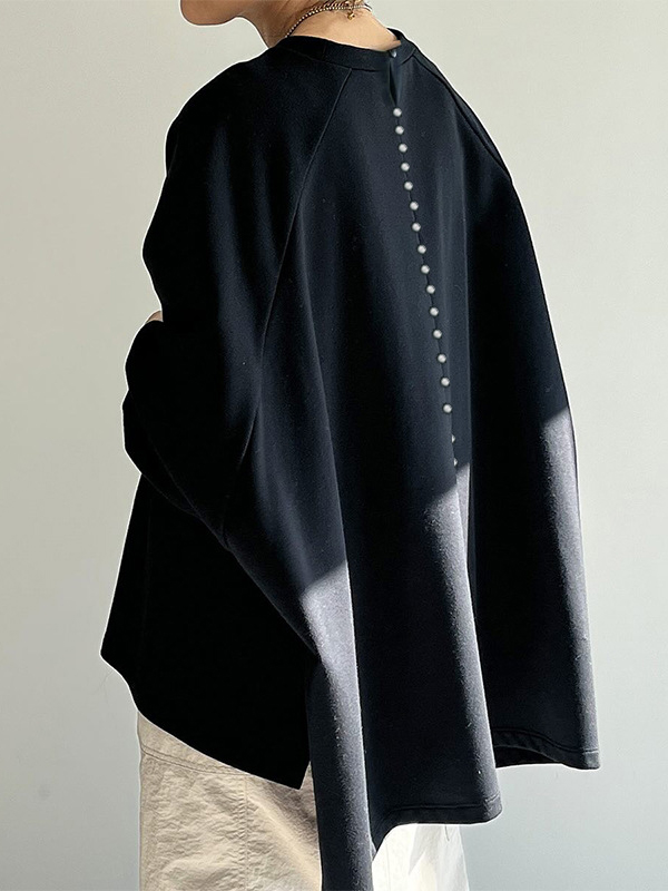 Loose Long Sleeved Back Pearl Trim Blouse