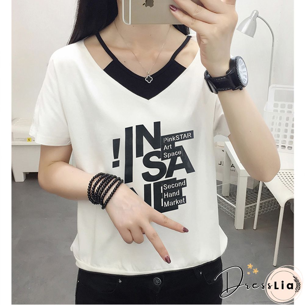 Print V- Neck T Shirt Women T-Shirt Cotton Summer Short Sleeve Woman Clothes Womens Tops Korean Style Tee Shirt Femme