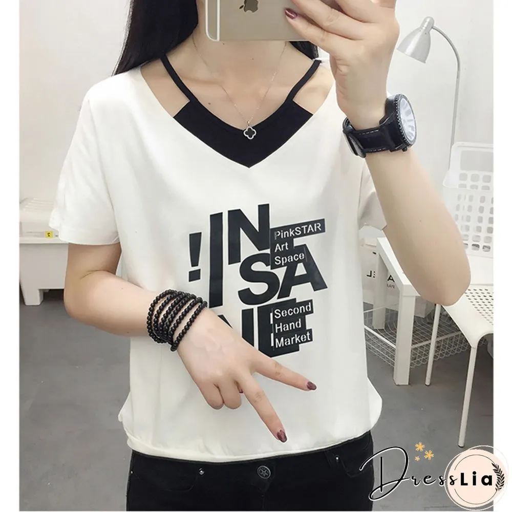 Print V- Neck T Shirt Women T-Shirt Cotton Summer Short Sleeve Woman Clothes Womens Tops Korean Style Tee Shirt Femme