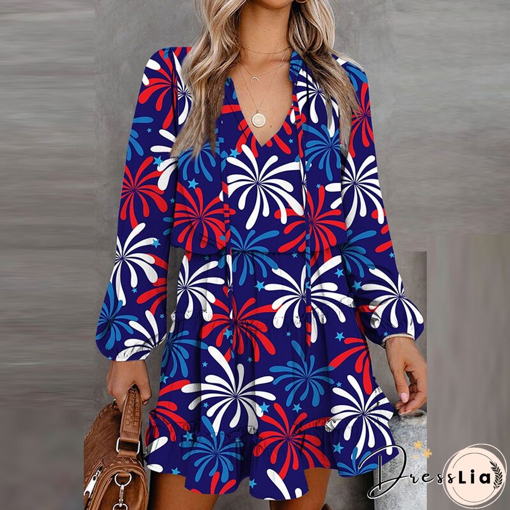 Vintage Floral Printed Mini Dress Women Casual Long Sleeve V Neck Lace-up Early Autumn Dress Fashion Loose Waist Ruffle Dresses