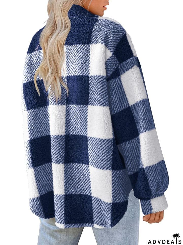 Female Casual Thermal Lapel Button Plaid Cashmere Coat