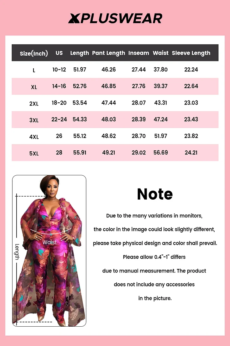 Xpluswear Design Plus Size Formal Pink Graphic V Neck Long Sleeve See Through Pocket Organza Jumpsuits Cardigan Set [Pre-Order]