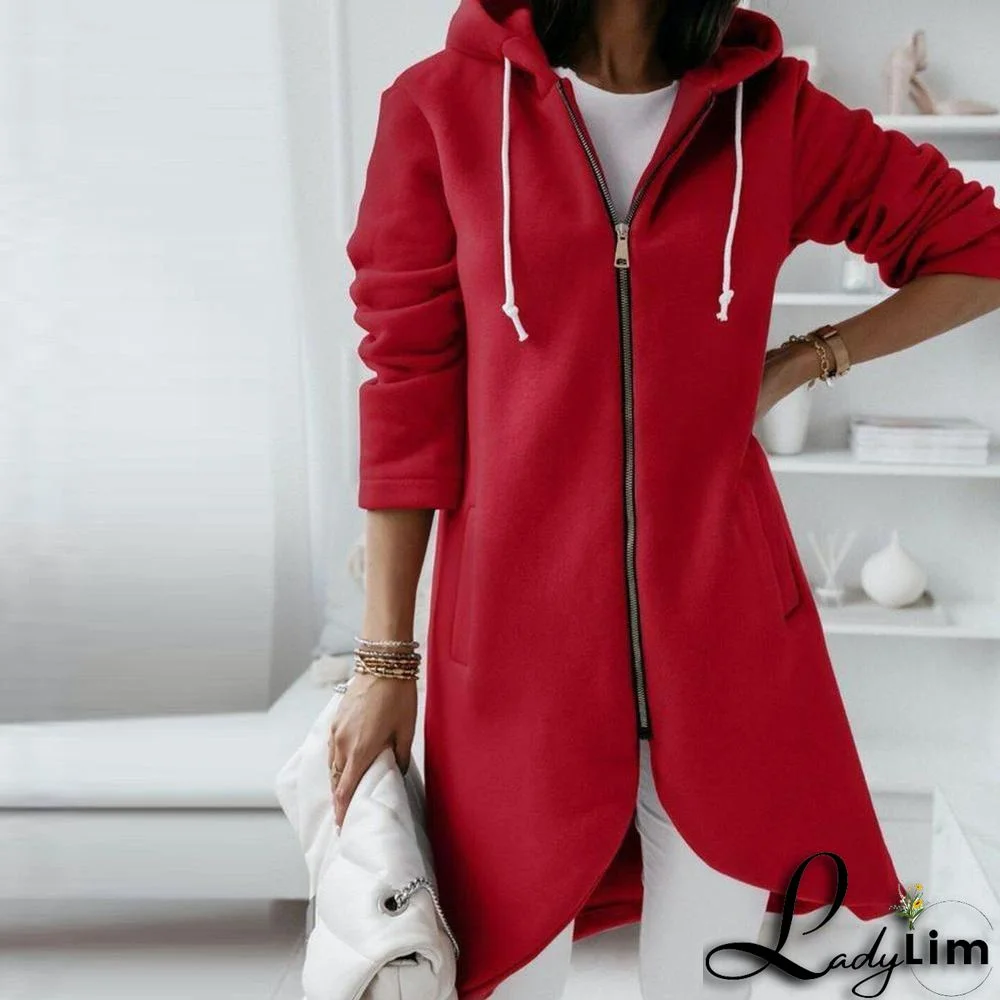 Engine Red Uneven Hem Zippered Hoodie Cardigan
