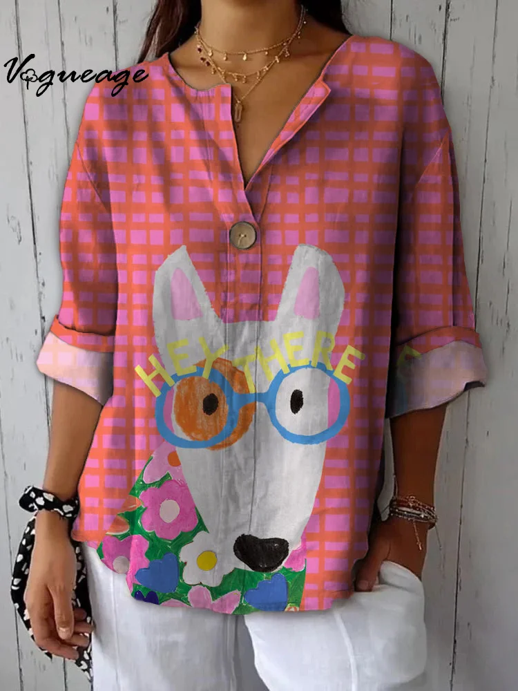 Plaid Cartoon Glasses Puppy Print Cotton And Linen Shirt