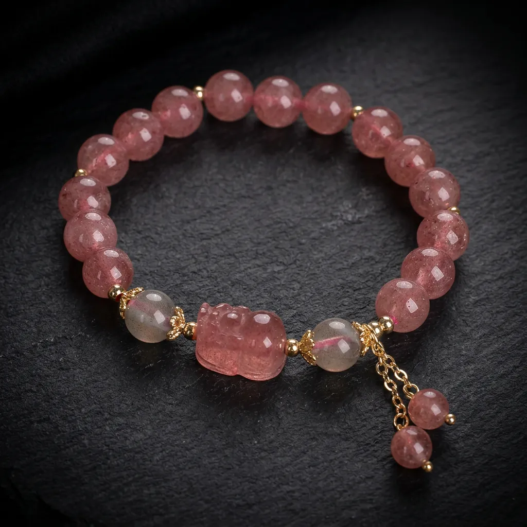 JiStones Serene Strawberry Quartz & Pixiu Harmony Bracelet Blush Harmony with Golden Accents