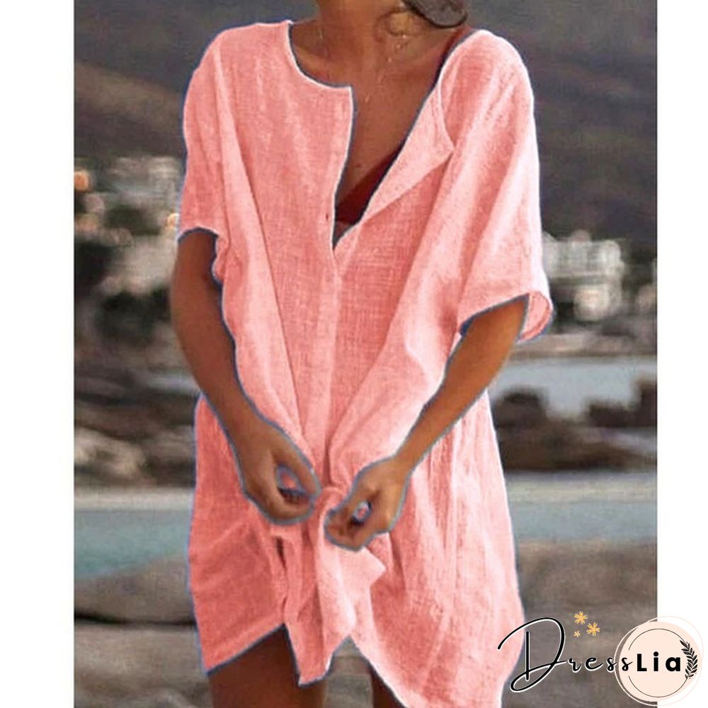 Plus Size Fashion Summer Women's Casual Beach Wear Swimwear Cover-up Linen Dress Loose Short Sleeve Deep V-neck Solid Color Mini Party Dress