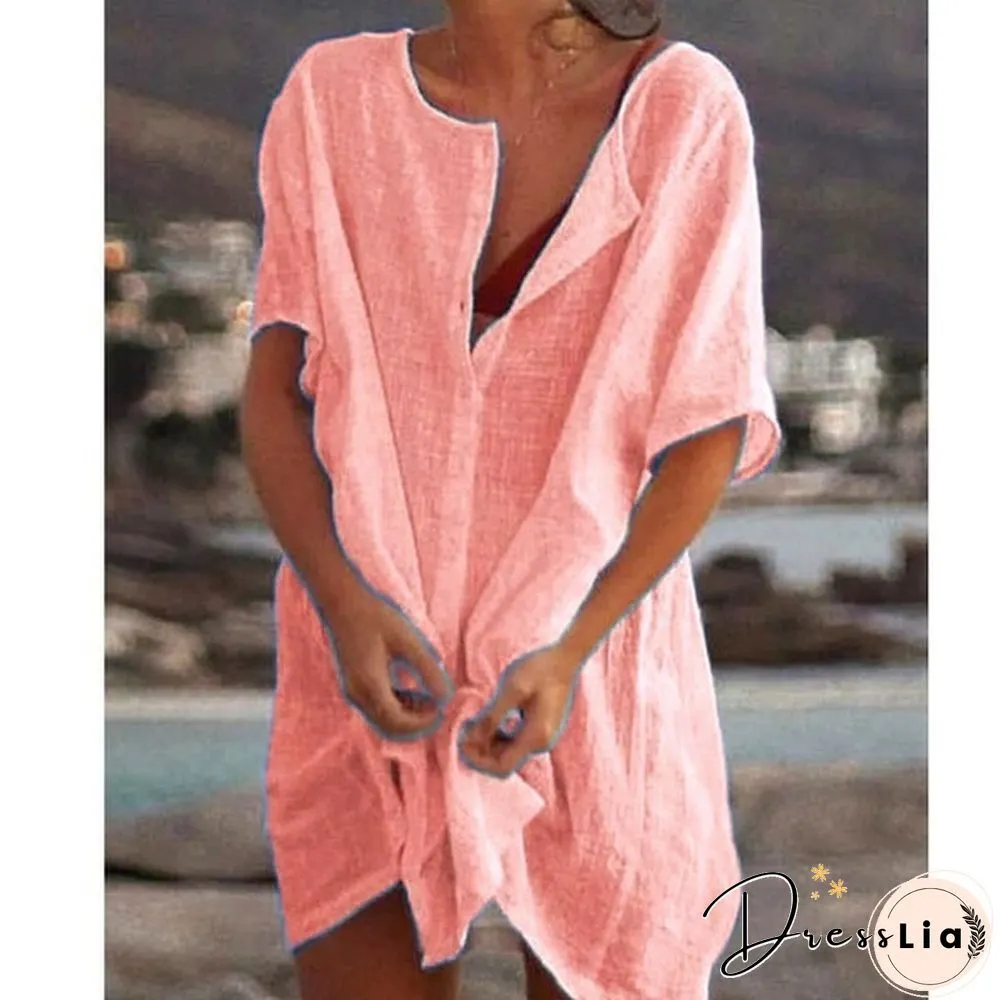Plus Size Fashion Summer Women's Casual Beach Wear Swimwear Cover-up Linen Dress Loose Short Sleeve Deep V-neck Solid Color Mini Party Dress