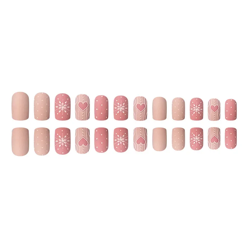 Churchf Pink Sweet Sister French Frosted Texture Three-Dimensional Snowflake Love Christmas Fake Nails Finished Wear A 24 Pieces