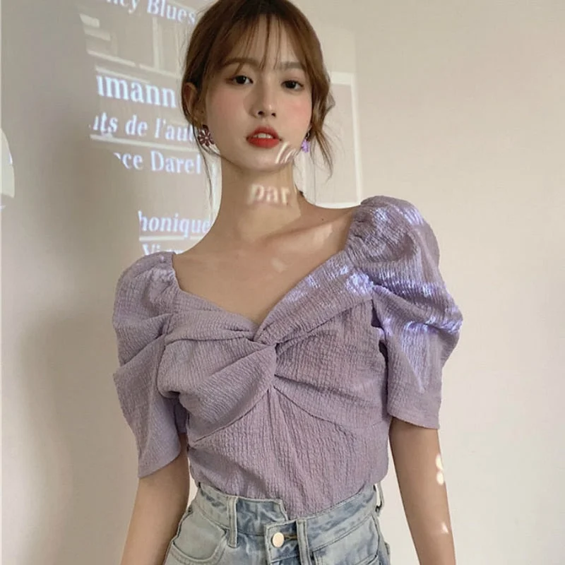 Shirts Women Summer Purple Solid V-neck Ruched Design Crop Top Elegant Korean Style Chic Female Sexy Cute Daily Trendy Leisure