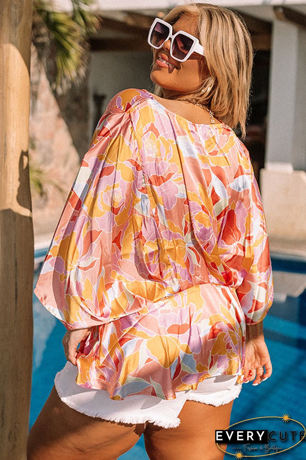 Orange Plus Size Floral Print V Neck Peplum Blouse