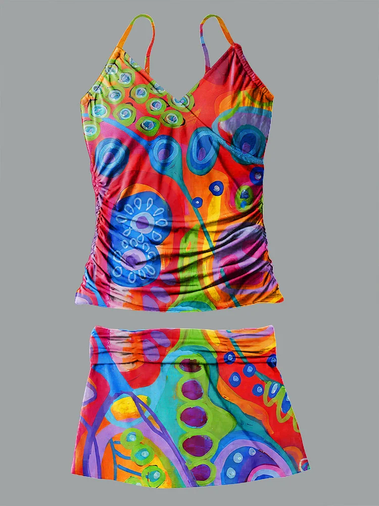 V Neck Vintage Art Irregular Pattern Halter Pants Skirt Set Swimsuit
