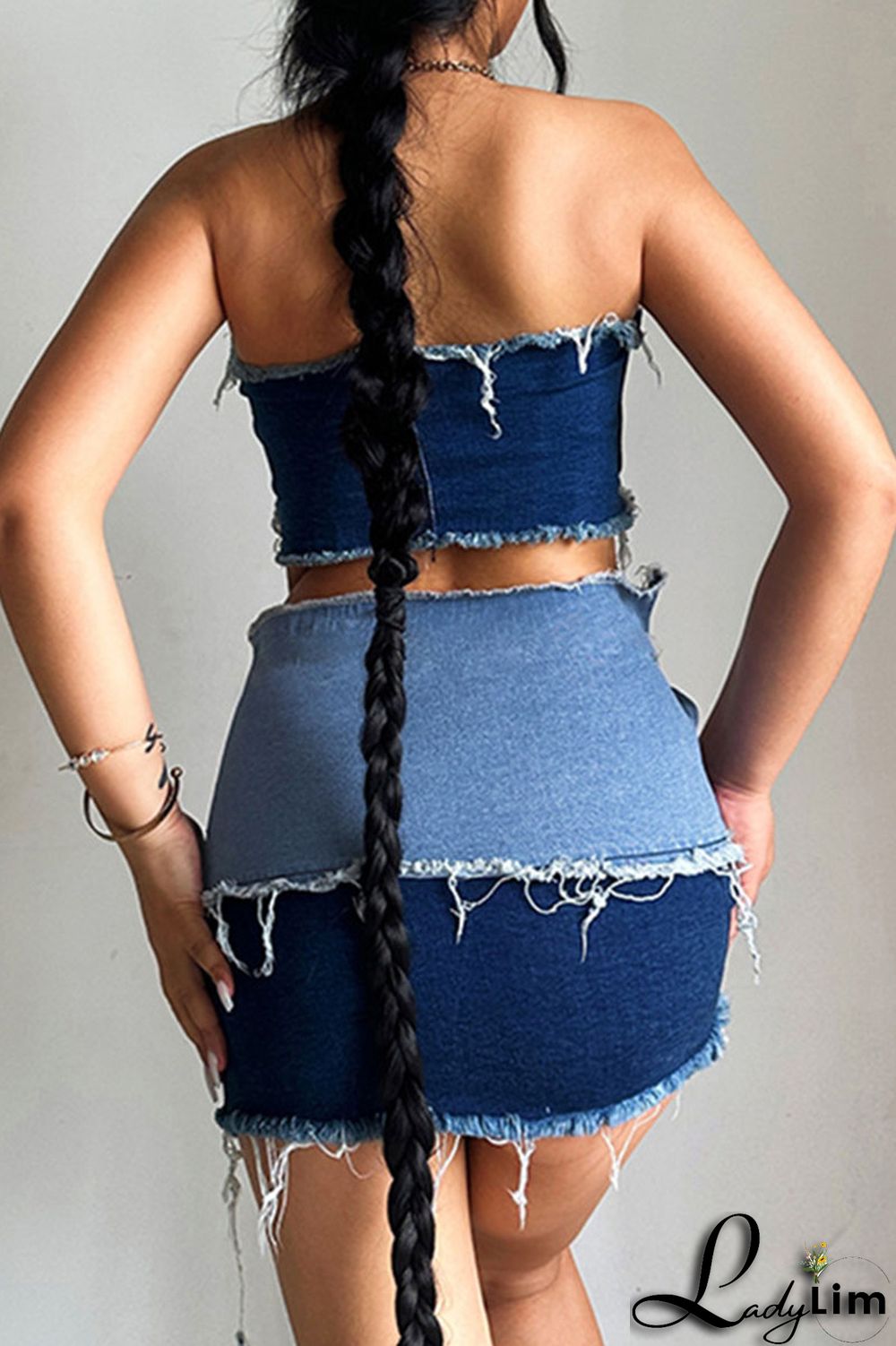 Blue Sexy Street Solid Make Old Patchwork Strapless Sleeveless Two Pieces