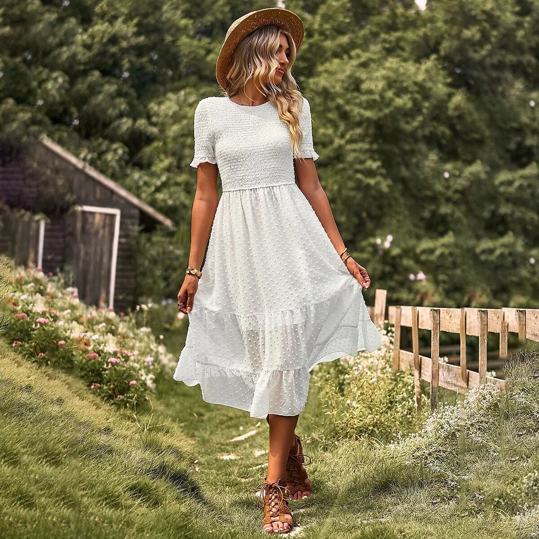 Ladies Elegant Midi Dress Women Casual Short Sleeve Ruffles High Waist Boho Dress Summer O-neck Vacation Vestidos Female