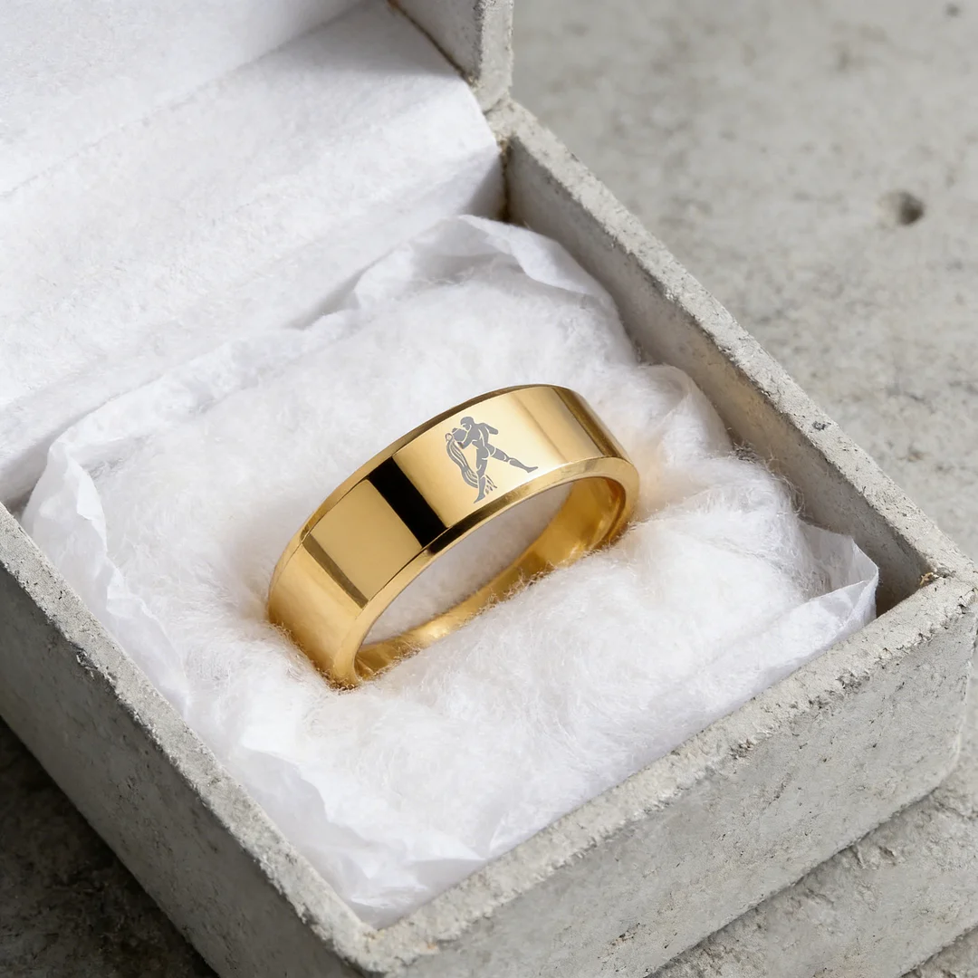 Beveled Edges Gold Laser Etched Tungsten Carbide Rings Gold Aquarius Couple Wedding Band 4MM 6MM 8MM Width