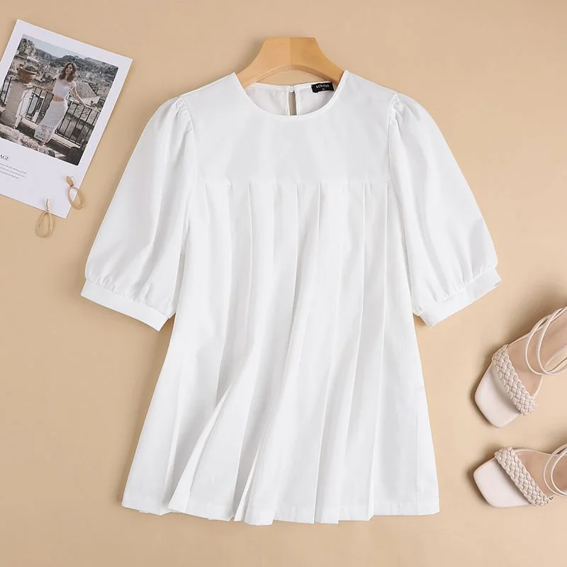 Fashion Tops 2022 VONDA Holiday Bohemian Women Casual Tops Casual Short Sleeve Pleated Ruffled Blouse Blusas Femininas