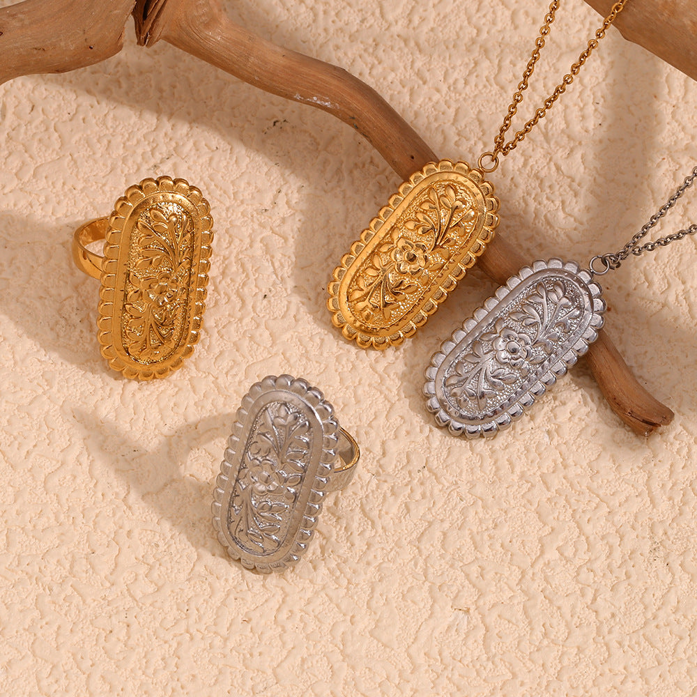 Personalized Ring Stainless Steel 18K Gold Plated Retro Sawtooth Flower Oval Relief Necklace Female