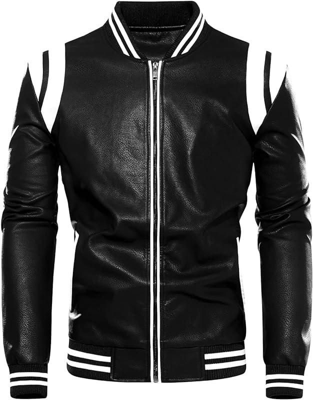  Men's Casual Color-block Patches Full Zip Fleece Lined Pu Leather Varsity Bomber Jacket
