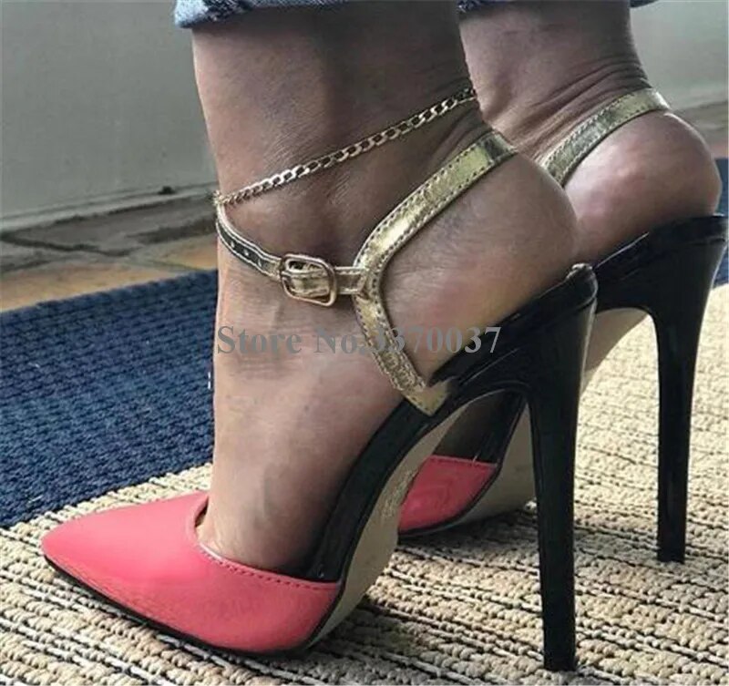 VCSHOES Ladies Pointed Toe Patent Leather Stiletto Heel Pumps Green Pink Strap Buckle Cross High Heels Formal Dress Shoe