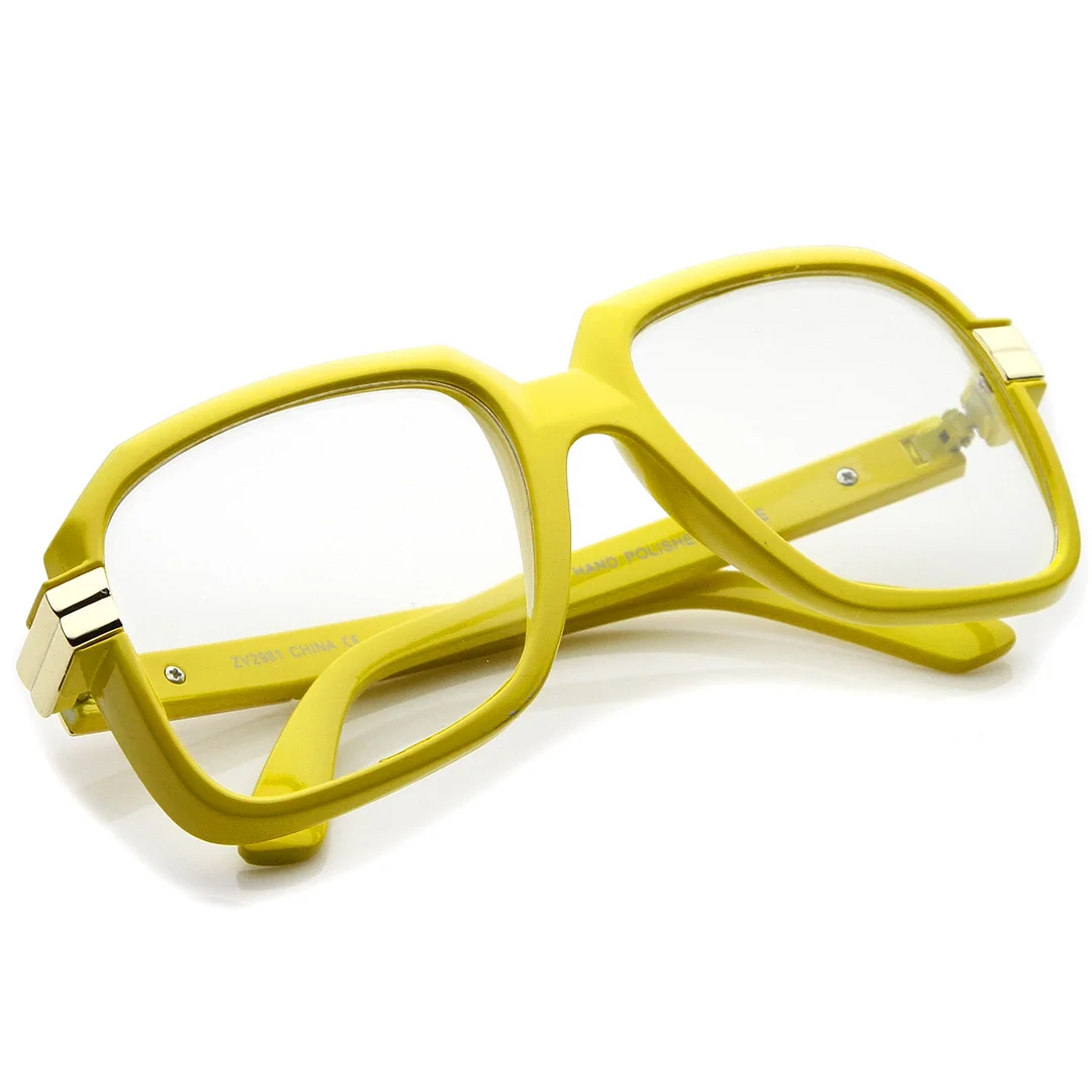 Large Colored Metal Accent Temple Clear Lens Square Glasses 55mm