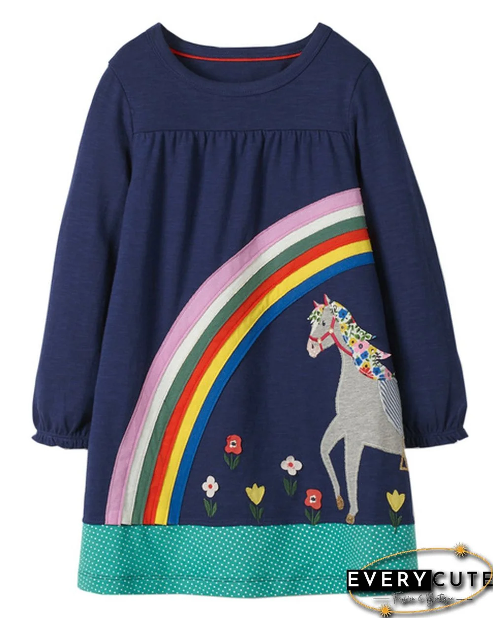 Toddler Baby Girls Kids Autumn Clothes Cute Cartoon Applique Long Sleeve T-Shirt Dress