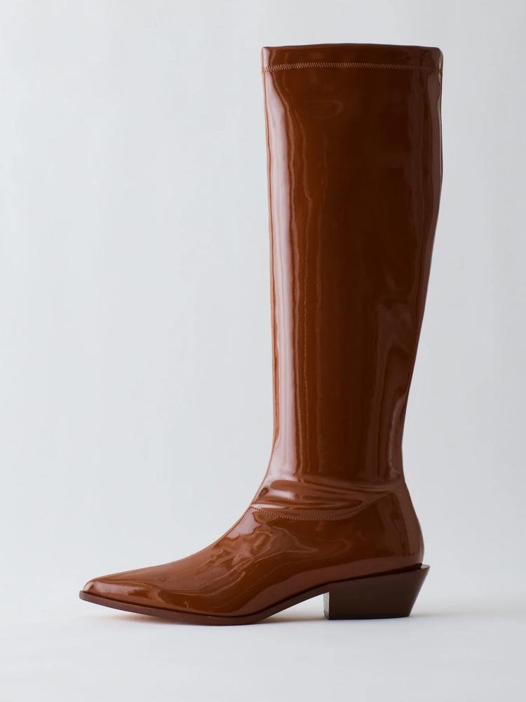 Shiny Chunky Low Heel Western Mid Calf Boots