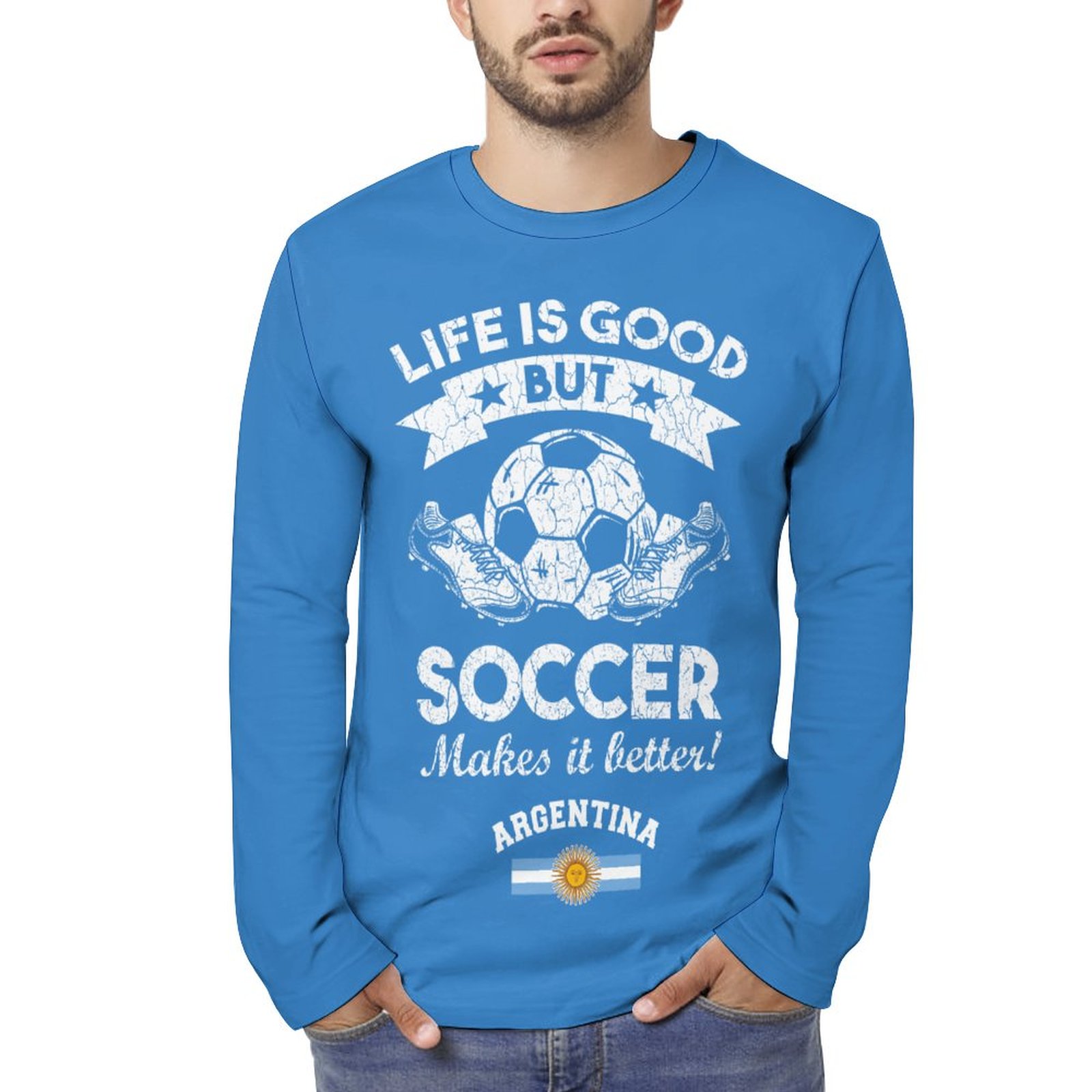 Life Is Good Soccer Makes It Better Argentina Flag Men's Full Print Long Sleeve Shirt