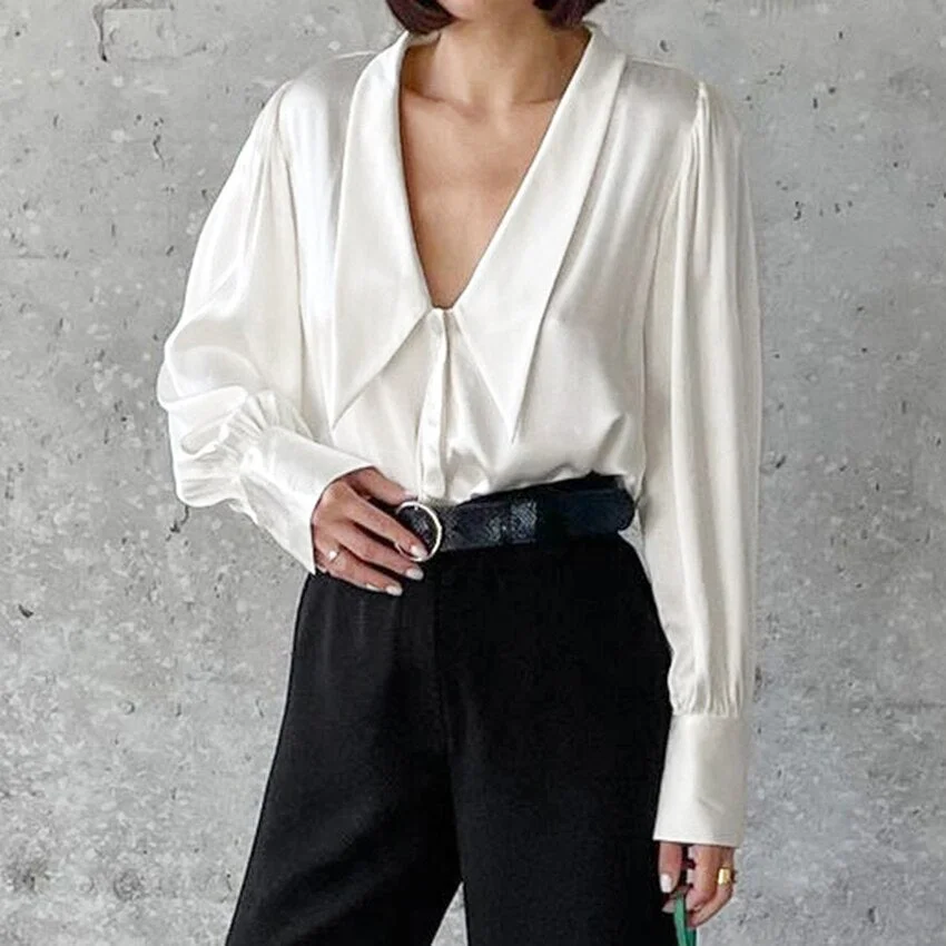 OOTN Deep V Neck Blouse Satin Beige Elegant Blouses Office Lady Lantern Sleeve Loose Shirt Women Korean Single Breasted Top