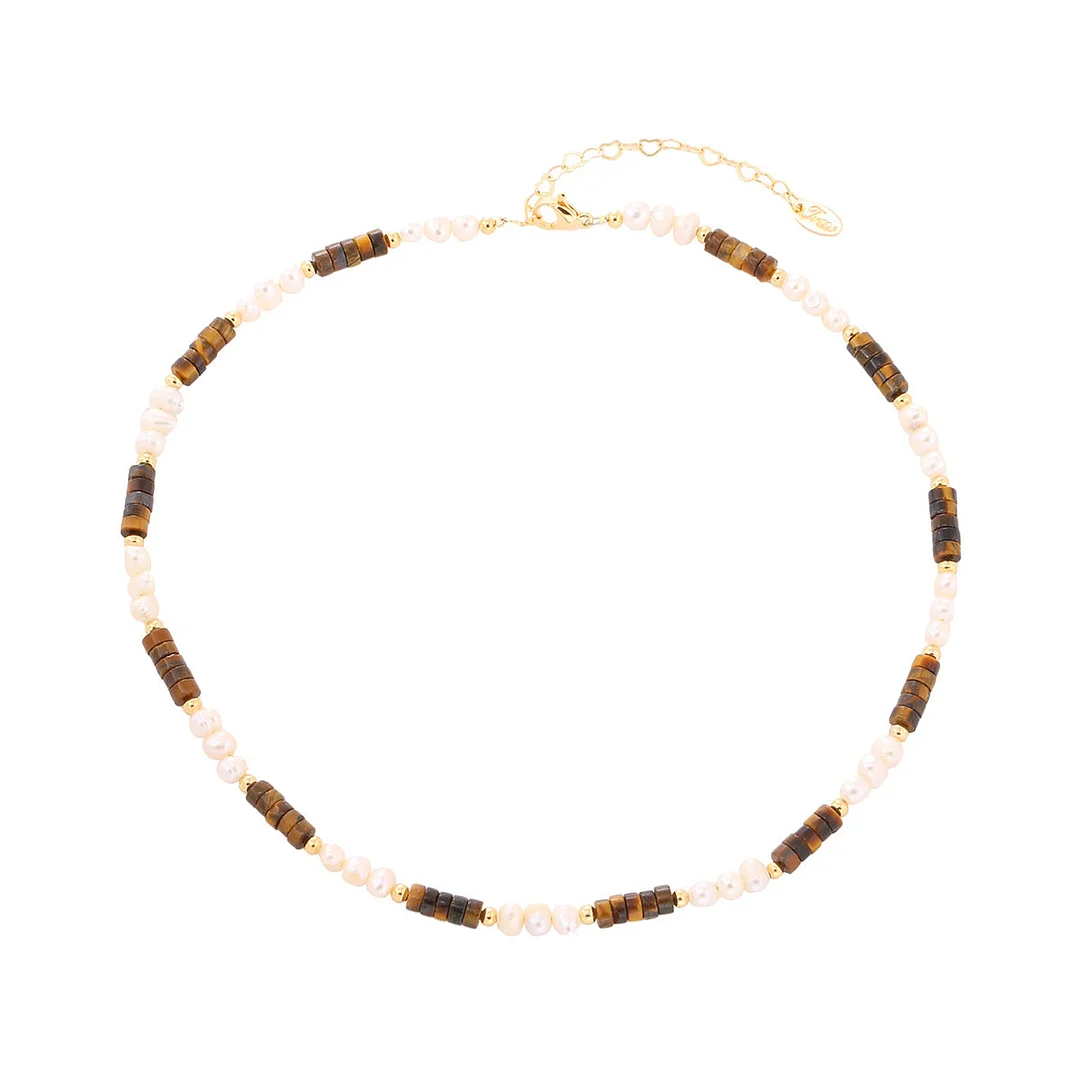 Vintage Maillard Style Tiger Eye Stone Pearl Stainless Steel Necklace