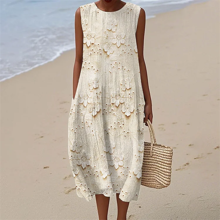 Cottage 3d Floral Embroidered Linen Midi Dress