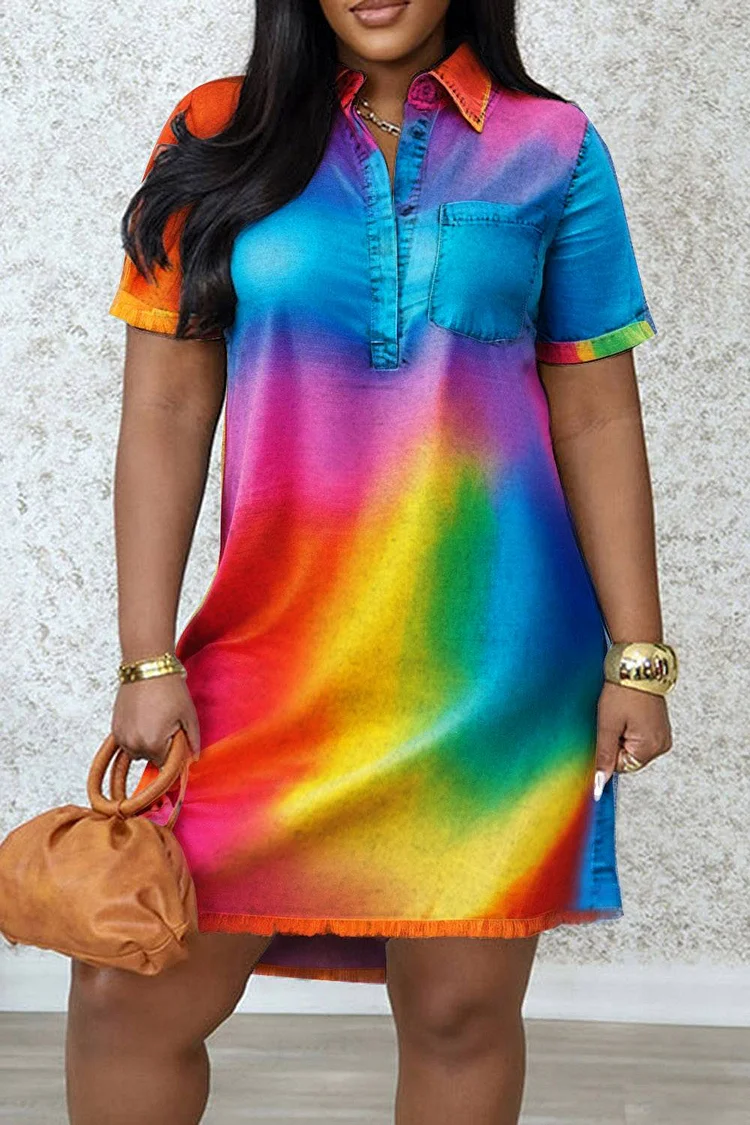 Plus Size Vacation Rainbow Casual All Over Print Shirt Collar Short Sleeve Mini Dresses 2024 - Xpluswear