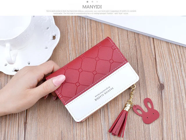 Women Short Wallet Patchwork Small Zipper Purse Checked Embossed Tassel Wallets Cute Simple Card Holder Pink Mini Money Bag_ viptrois